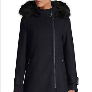 Wool Pea Coat with Faux Fur Hood